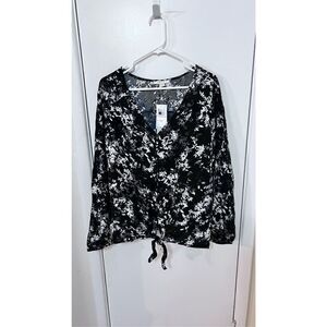 Cooper & Ella Black Floral Button Down Tie Top Size 1X New P1-229